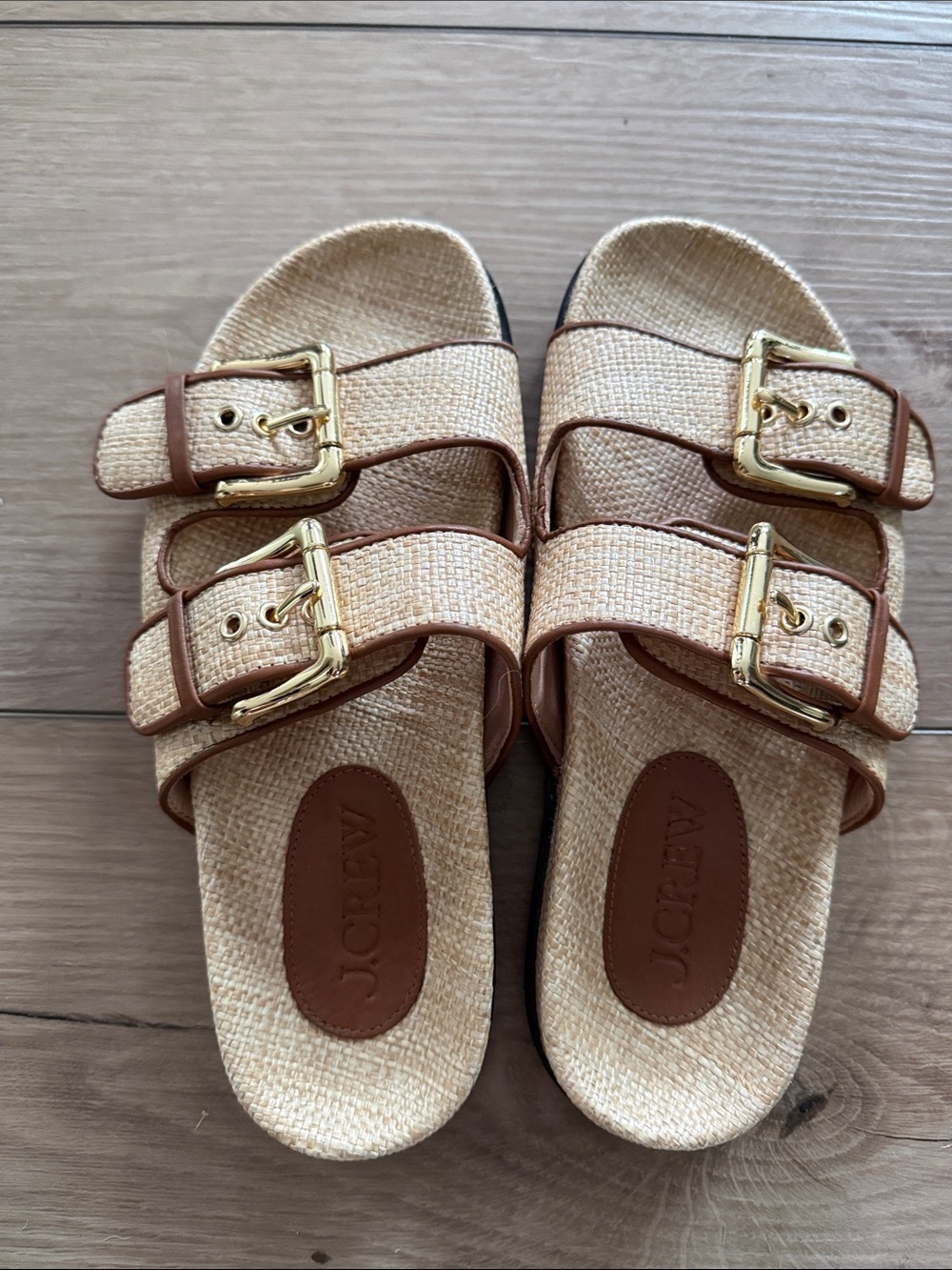 J. Crew Raffia Slide Sandals with Gold Buckles | NWOB | Size 7